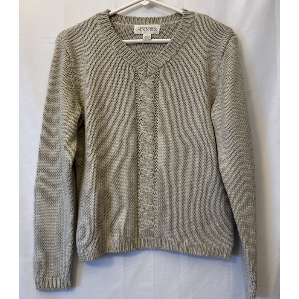 Women's‎ vintage Annex V Neck Chunky Cable Knit Sweater 100% Acrylic Size S Sand